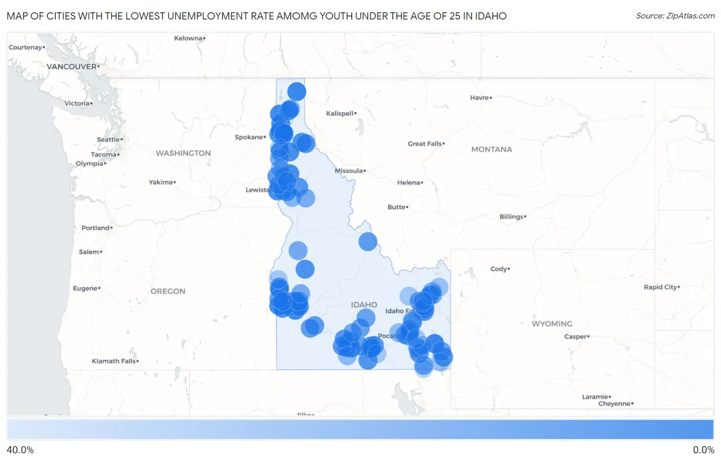 Cities with the Lowest Unemployment Rate Amomg Youth Under the Age of 25 in Idaho Map