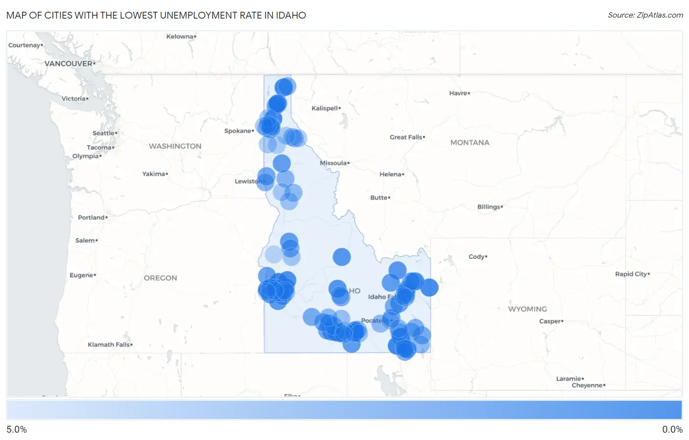 Cities with the Lowest Unemployment Rate in Idaho Map