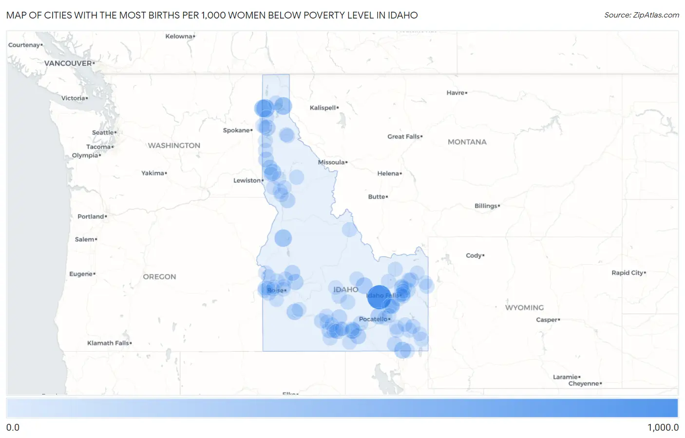 Cities with the Most Births per 1,000 Women Below Poverty Level in Idaho Map
