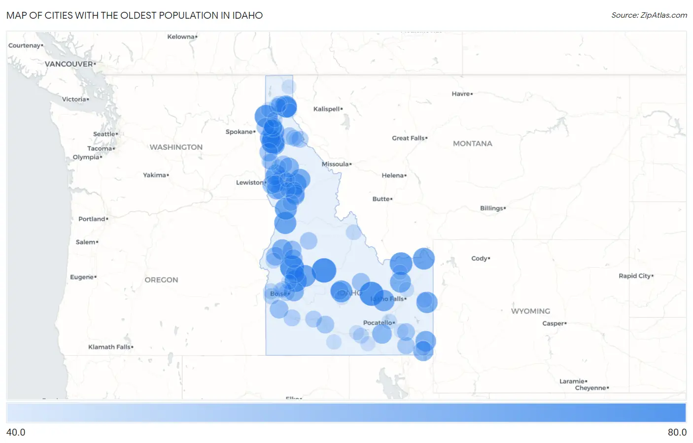 Cities with the Oldest Population in Idaho Map
