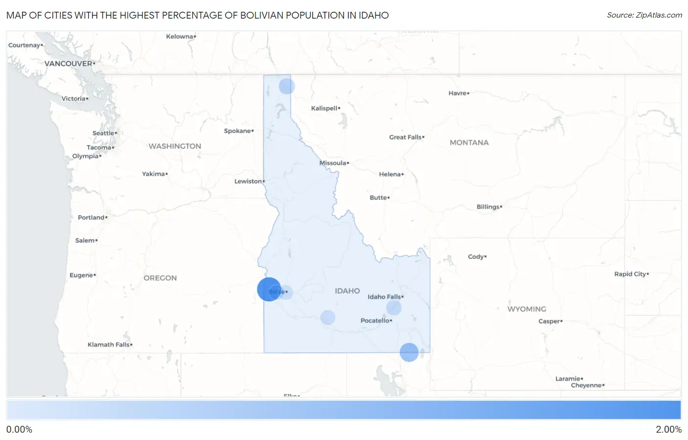Cities with the Highest Percentage of Bolivian Population in Idaho Map