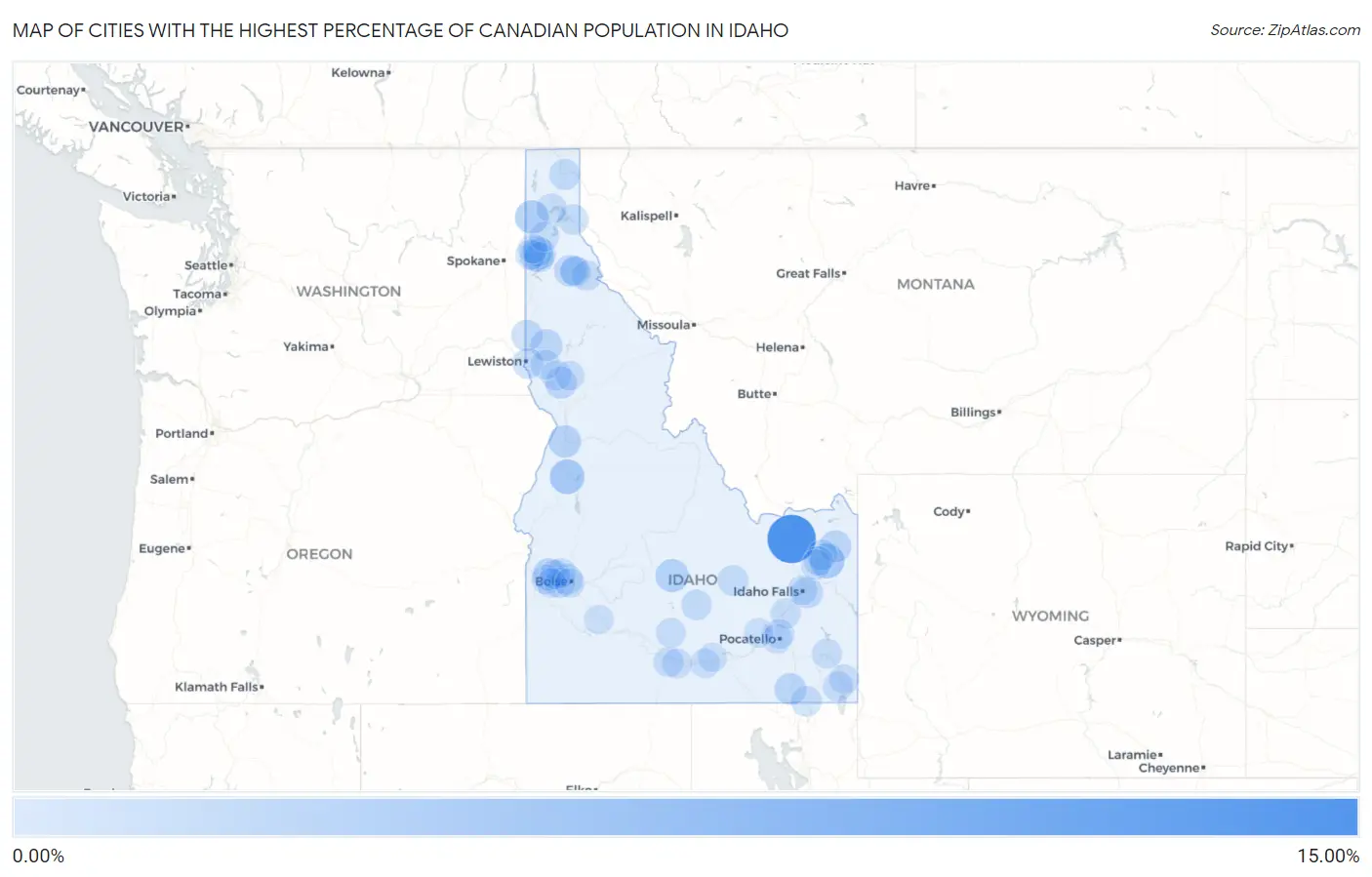 Cities with the Highest Percentage of Canadian Population in Idaho Map