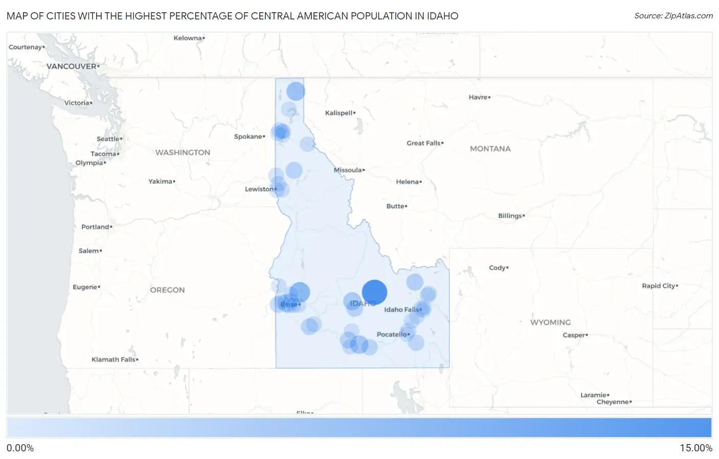 Cities with the Highest Percentage of Central American Population in Idaho Map