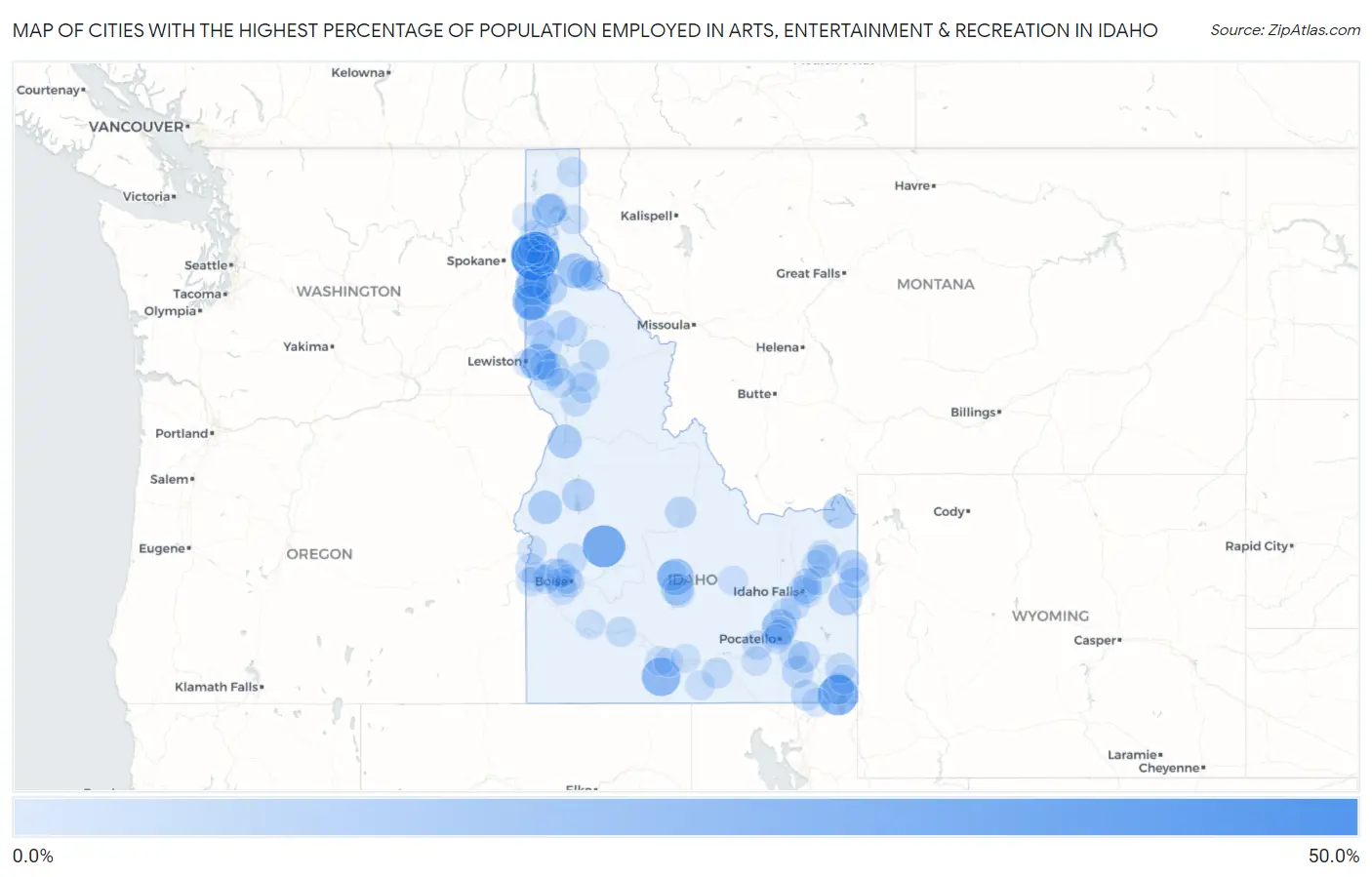 Cities with the Highest Percentage of Population Employed in Arts, Entertainment & Recreation in Idaho Map