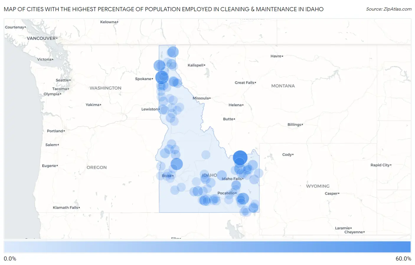 Cities with the Highest Percentage of Population Employed in Cleaning & Maintenance in Idaho Map