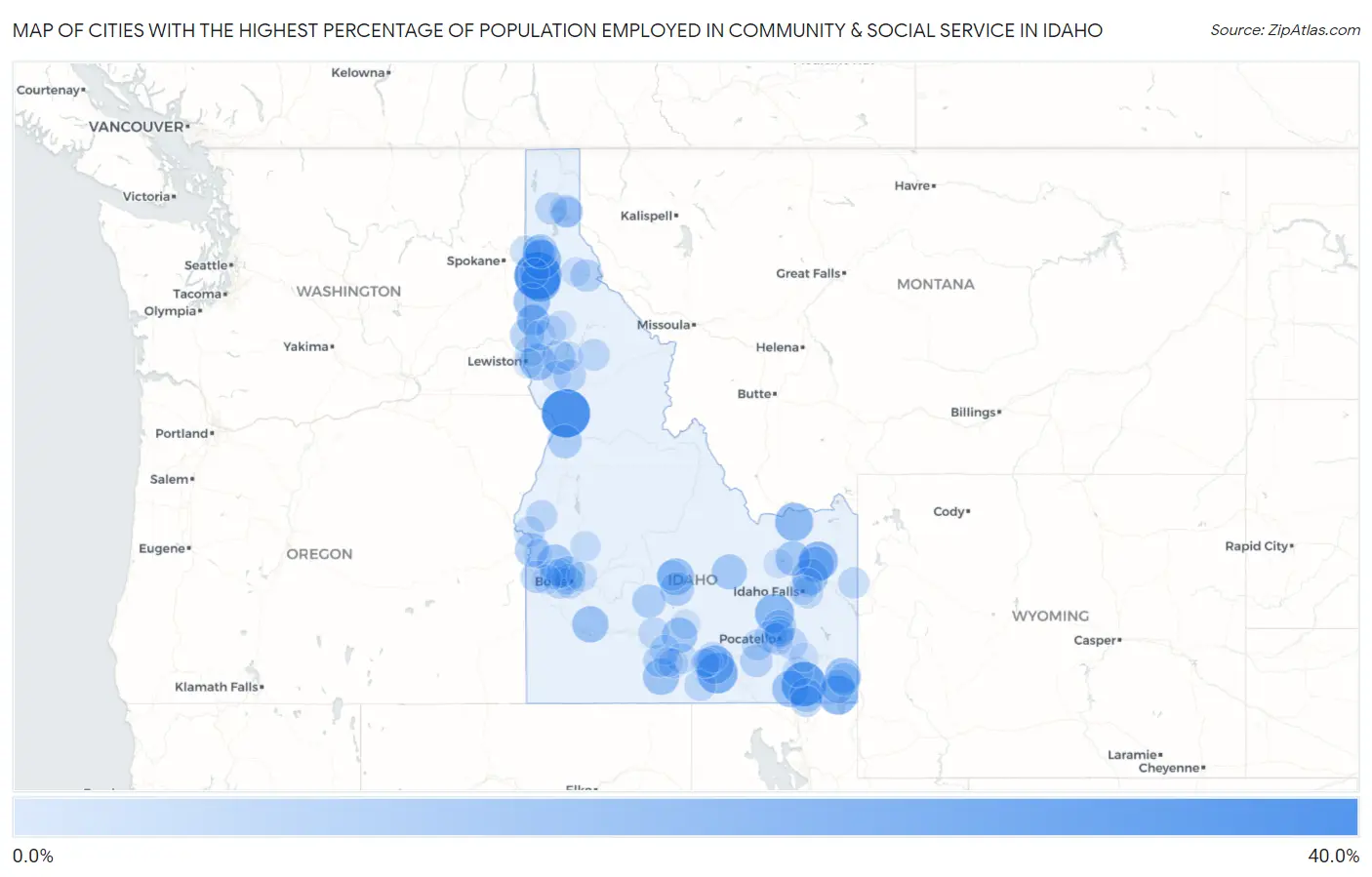 Cities with the Highest Percentage of Population Employed in Community & Social Service  in Idaho Map