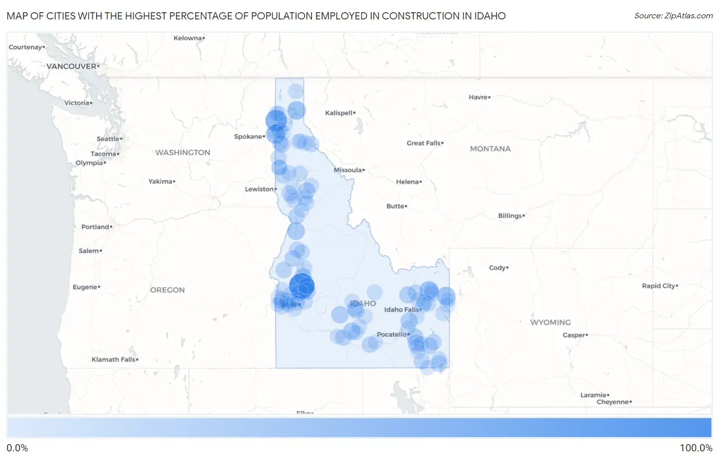 Cities with the Highest Percentage of Population Employed in Construction in Idaho Map