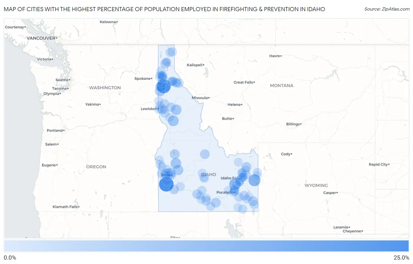 Cities with the Highest Percentage of Population Employed in Firefighting & Prevention in Idaho Map