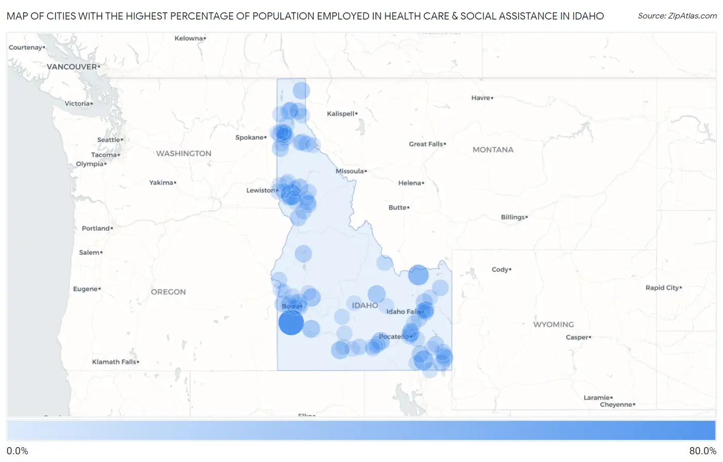Cities with the Highest Percentage of Population Employed in Health Care & Social Assistance in Idaho Map