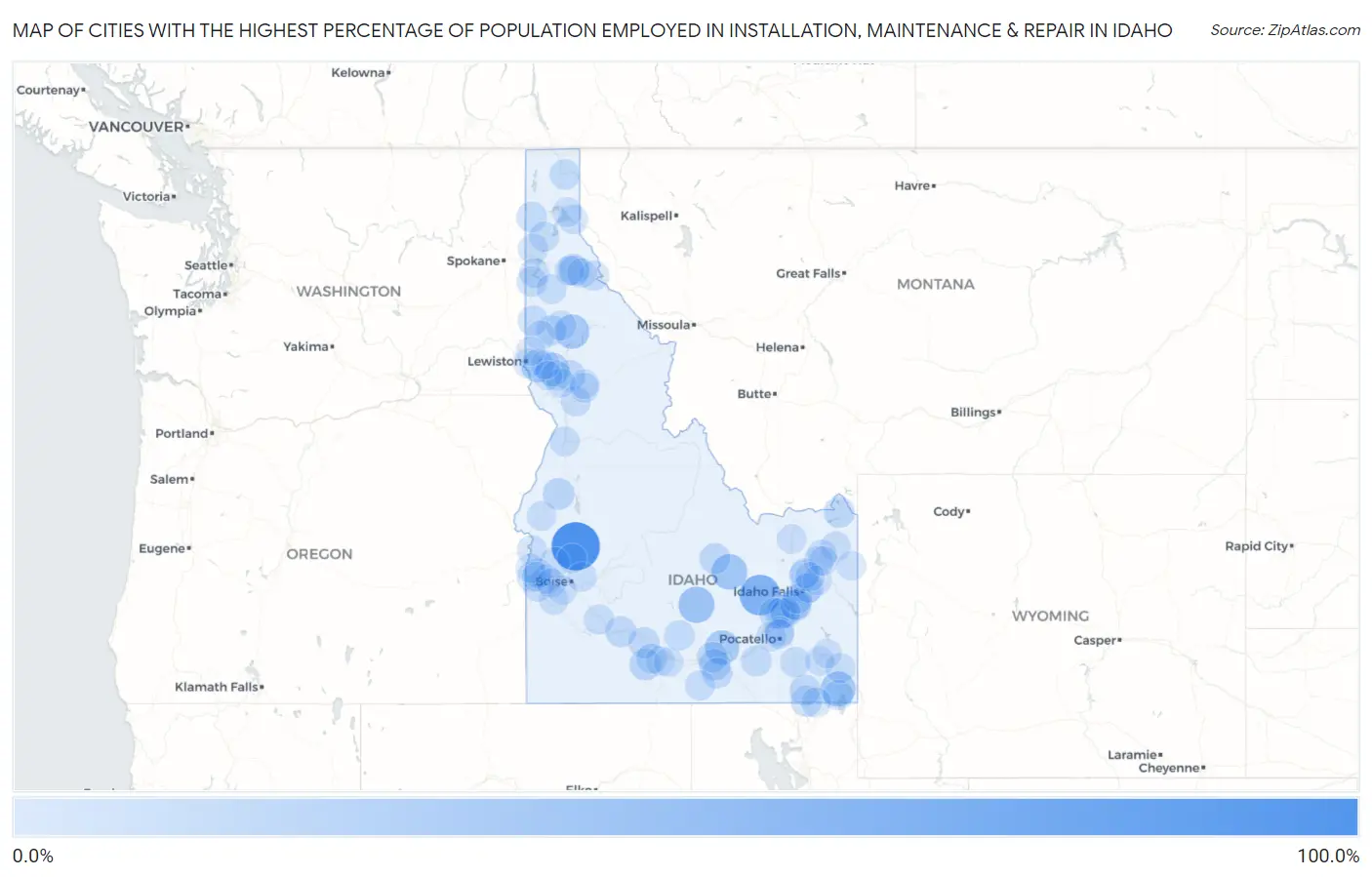 Cities with the Highest Percentage of Population Employed in Installation, Maintenance & Repair in Idaho Map