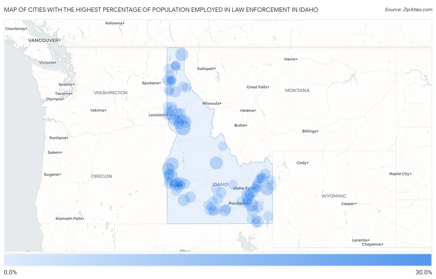 Cities with the Highest Percentage of Population Employed in Law Enforcement in Idaho Map