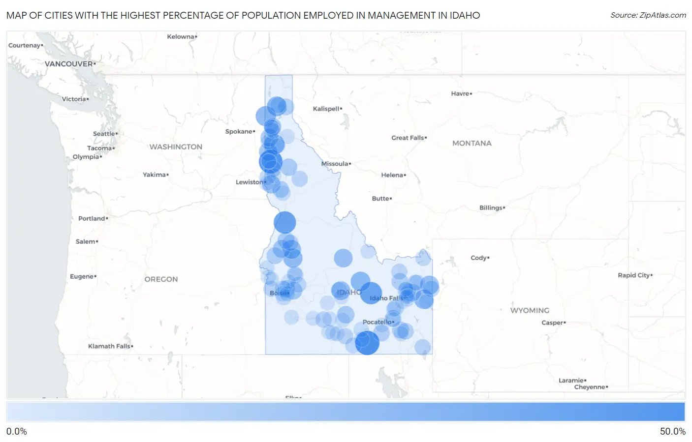 Cities with the Highest Percentage of Population Employed in Management in Idaho Map