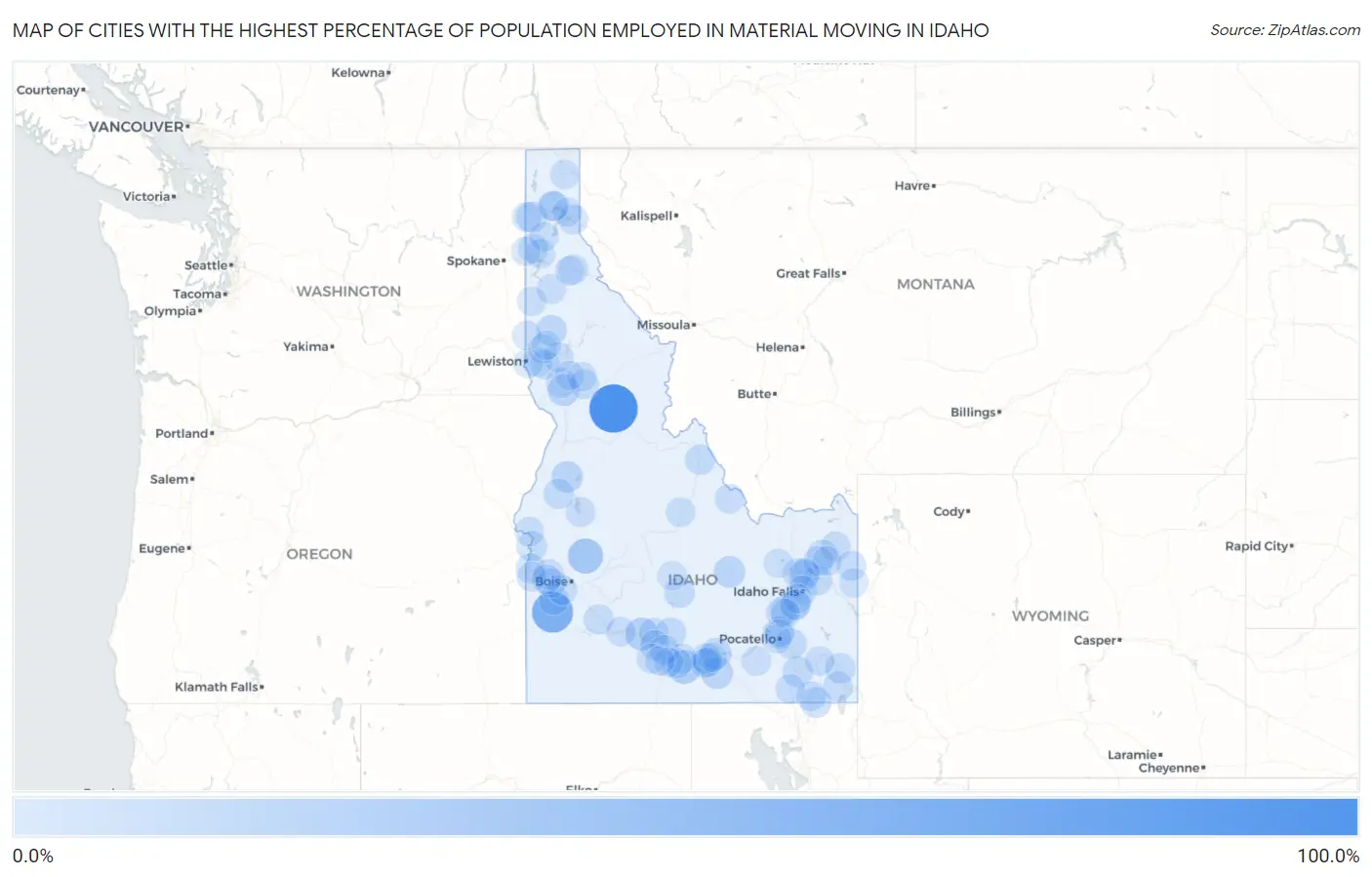 Cities with the Highest Percentage of Population Employed in Material Moving in Idaho Map