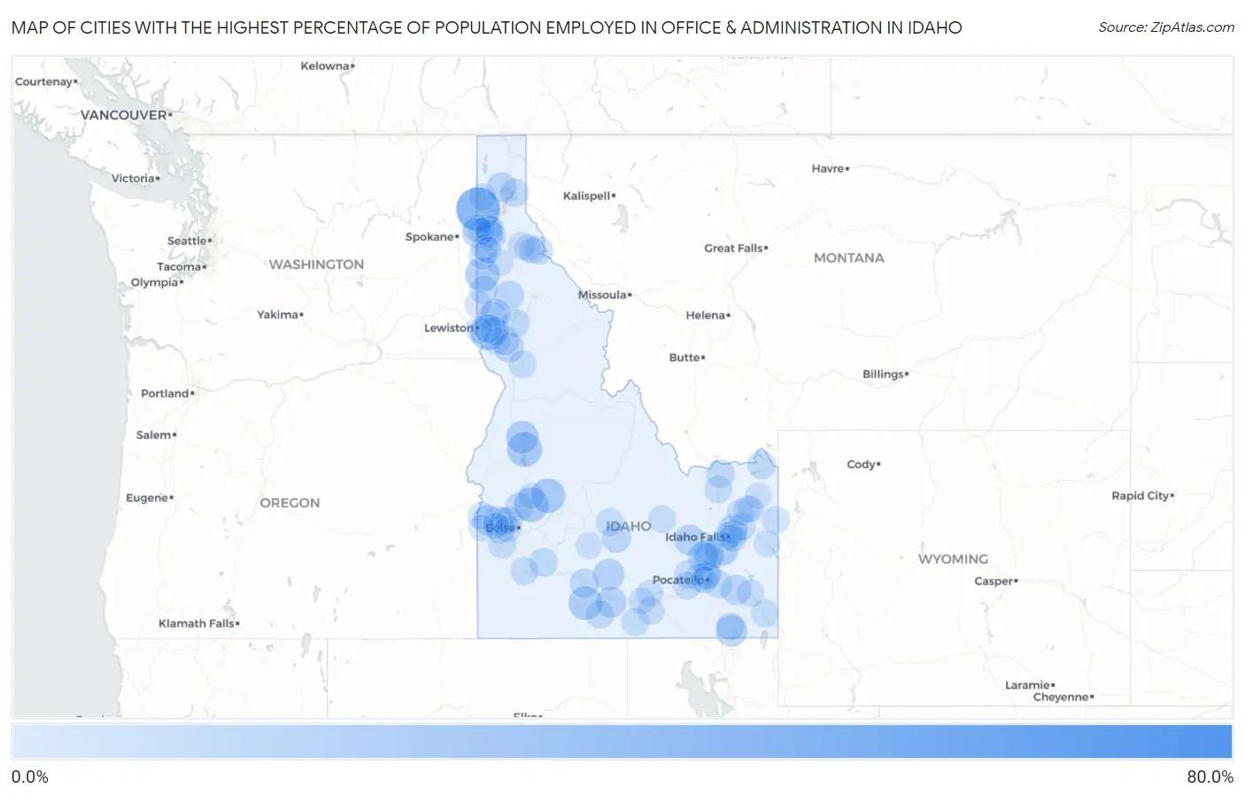 Cities with the Highest Percentage of Population Employed in Office & Administration in Idaho Map