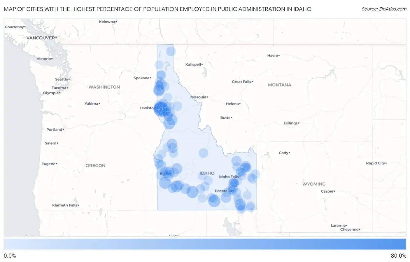 Cities with the Highest Percentage of Population Employed in Public Administration in Idaho Map