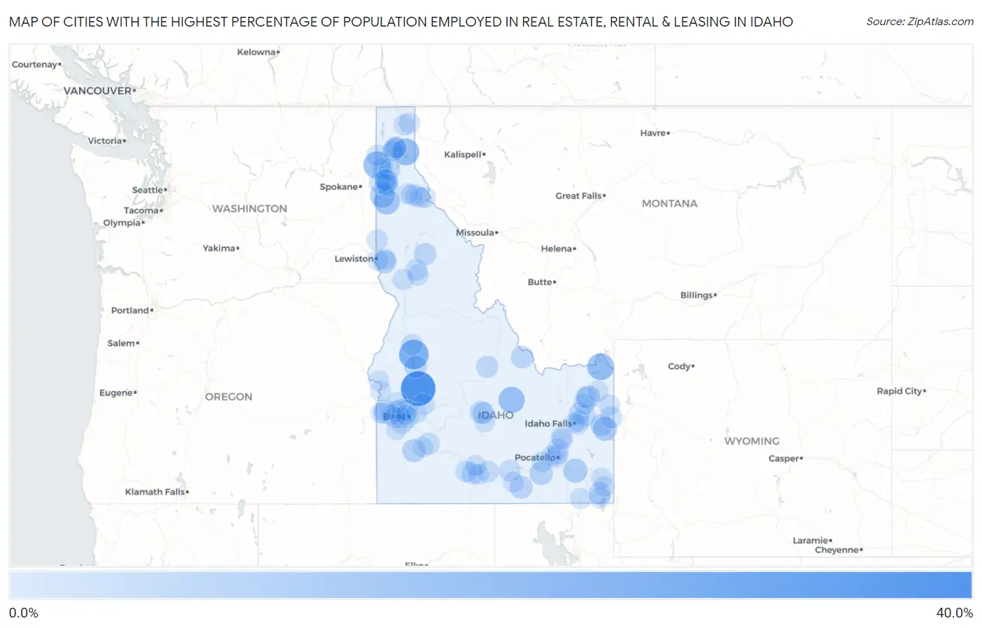 Cities with the Highest Percentage of Population Employed in Real Estate, Rental & Leasing in Idaho Map