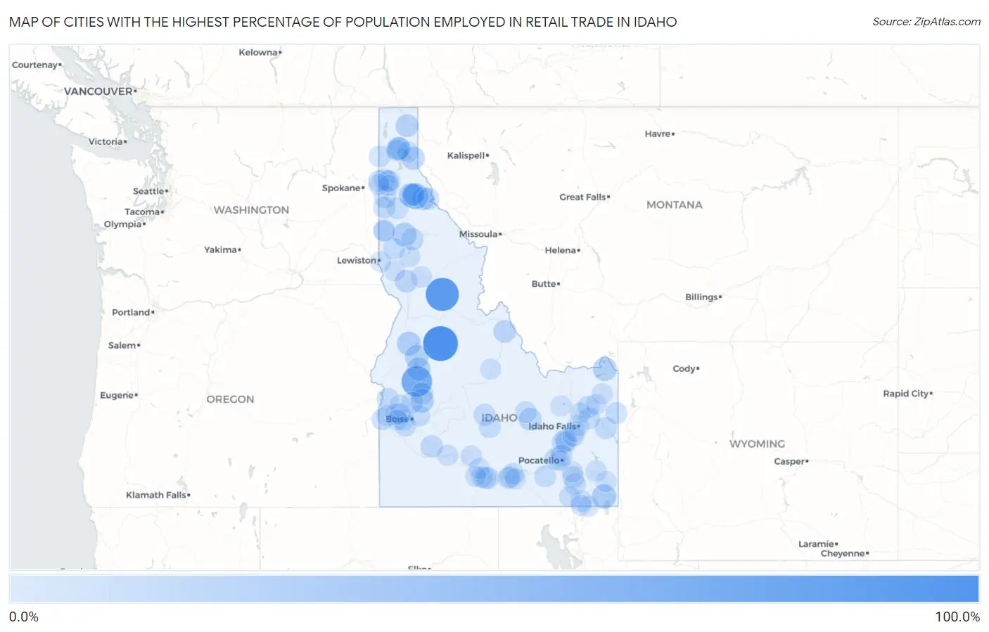 Cities with the Highest Percentage of Population Employed in Retail Trade in Idaho Map