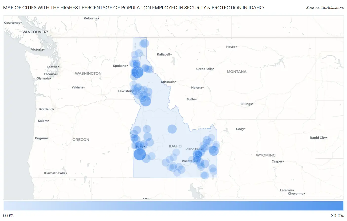 Cities with the Highest Percentage of Population Employed in Security & Protection in Idaho Map