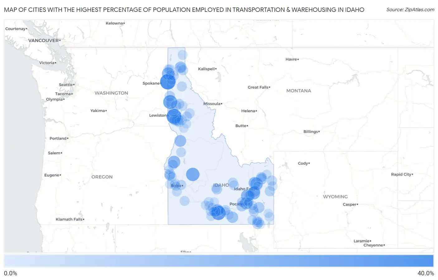 Cities with the Highest Percentage of Population Employed in Transportation & Warehousing in Idaho Map