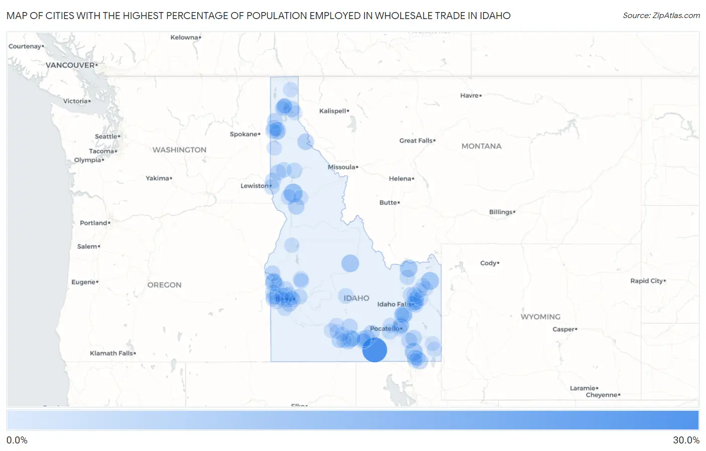 Cities with the Highest Percentage of Population Employed in Wholesale Trade in Idaho Map