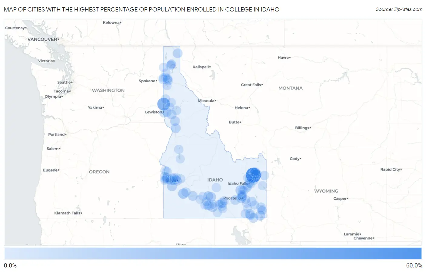 Cities with the Highest Percentage of Population Enrolled in College in Idaho Map