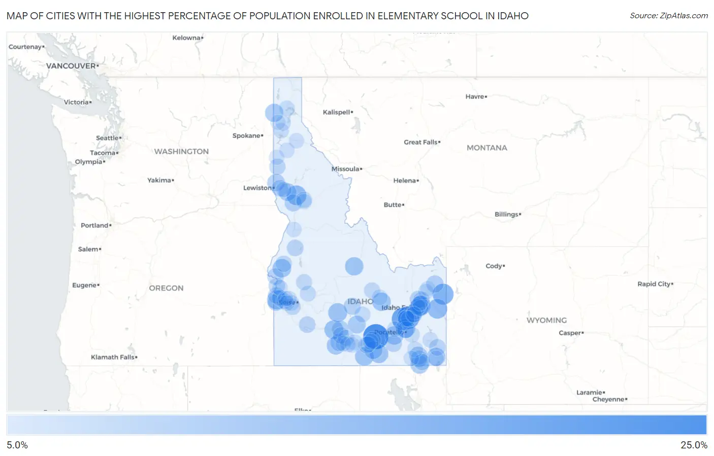 Cities with the Highest Percentage of Population Enrolled in Elementary School in Idaho Map