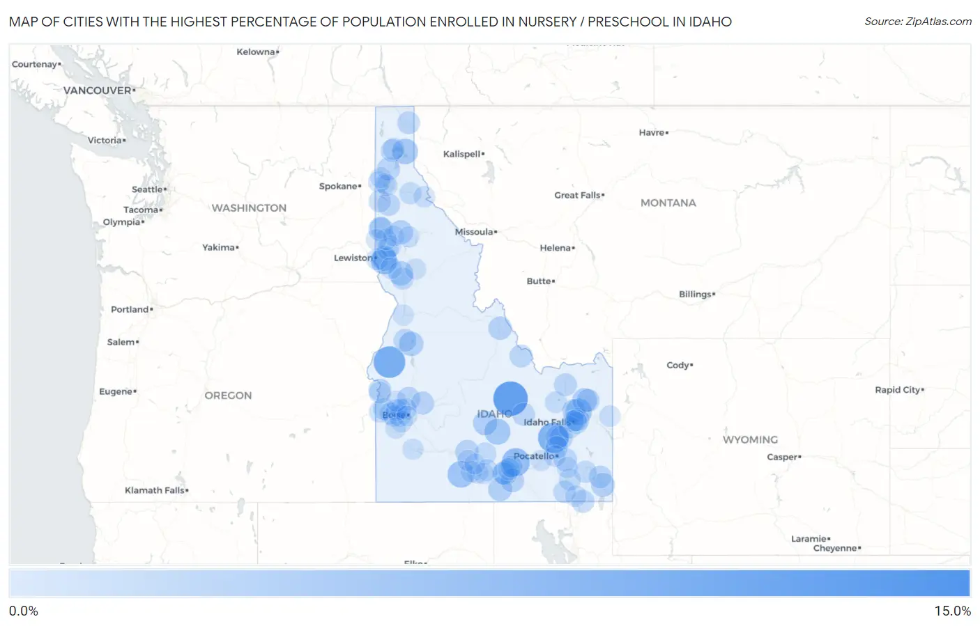 Cities with the Highest Percentage of Population Enrolled in Nursery / Preschool in Idaho Map