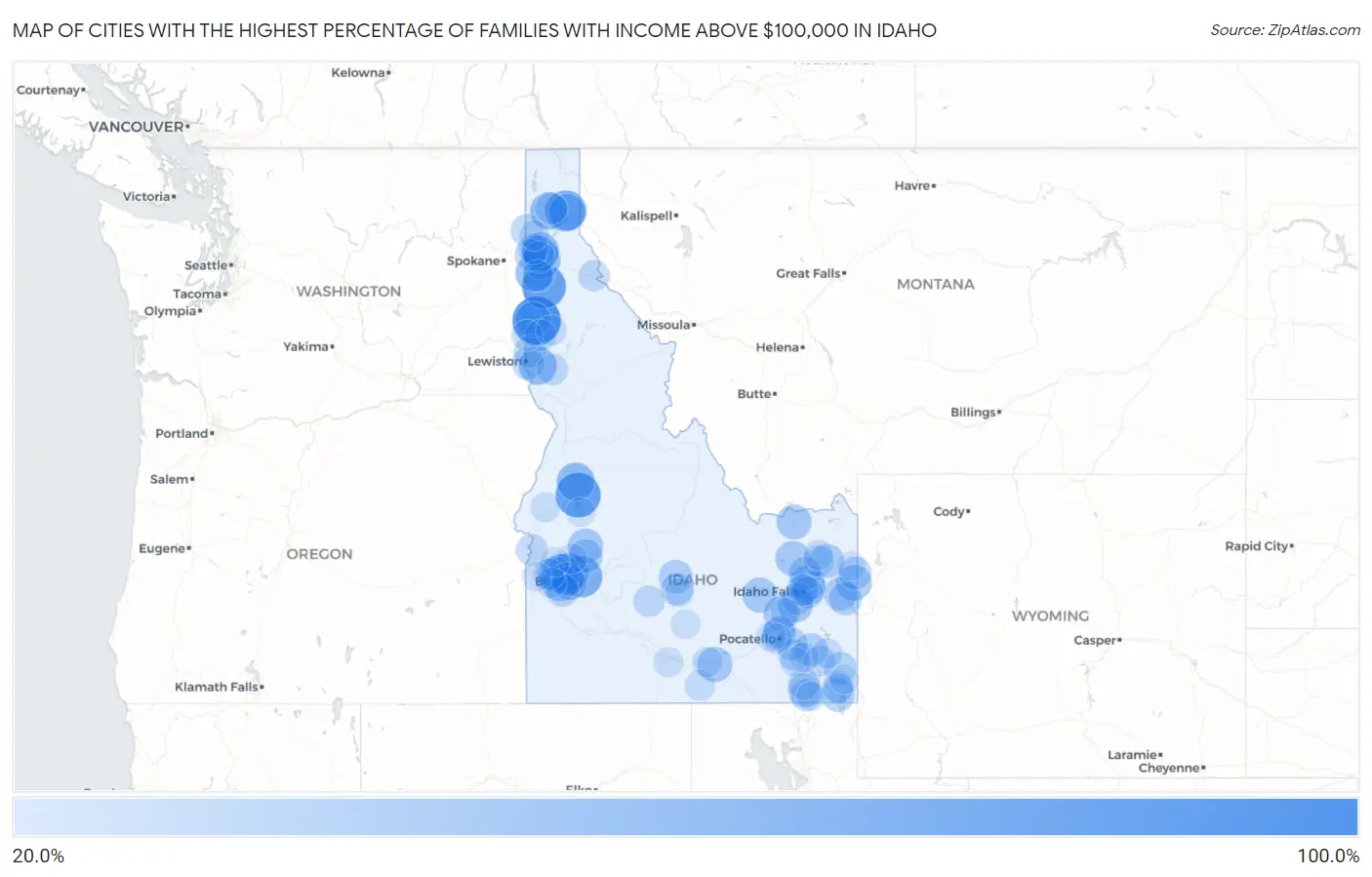 Cities with the Highest Percentage of Families with Income Above $100,000 in Idaho Map