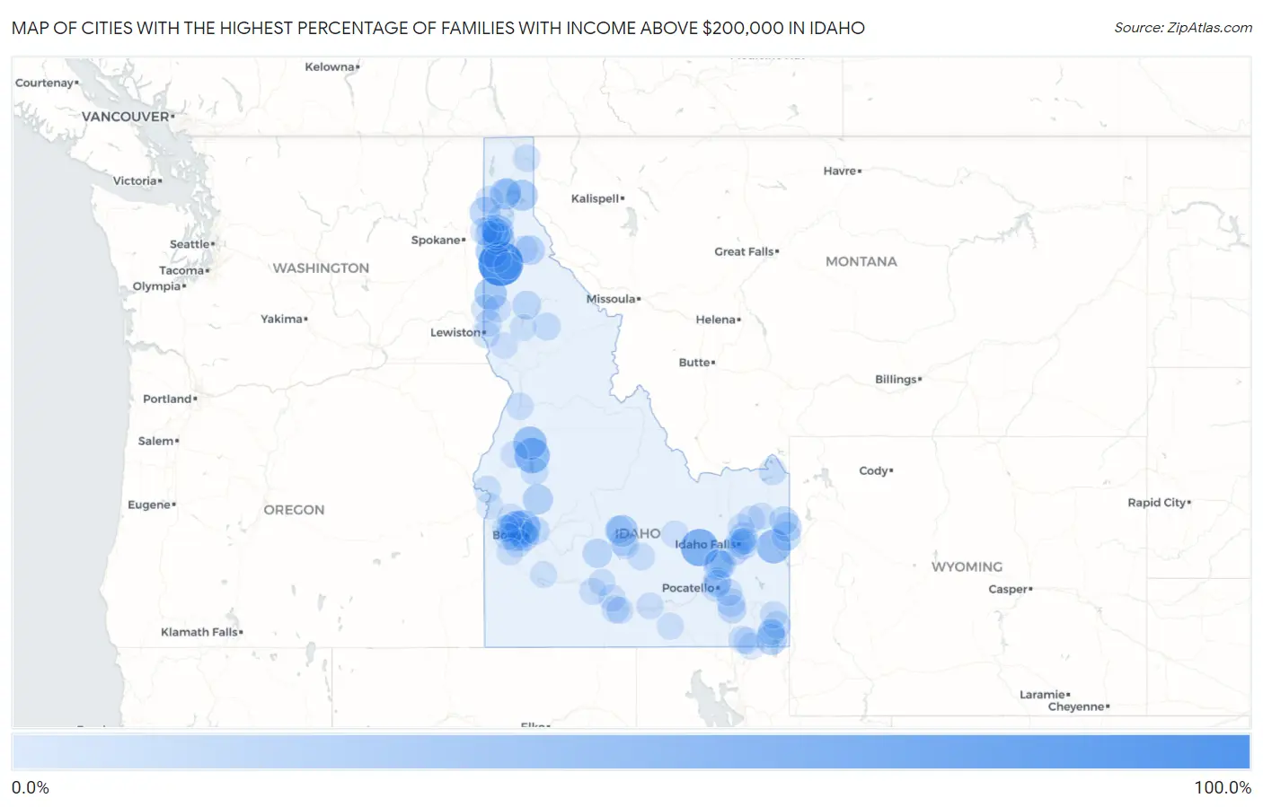 Cities with the Highest Percentage of Families with Income Above $200,000 in Idaho Map
