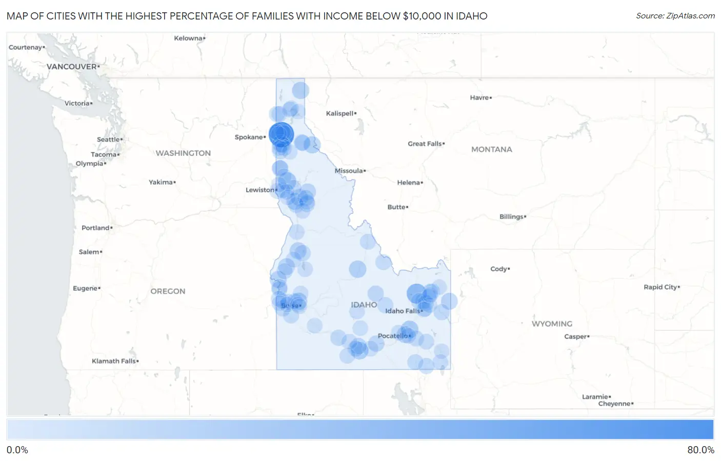 Cities with the Highest Percentage of Families with Income Below $10,000 in Idaho Map