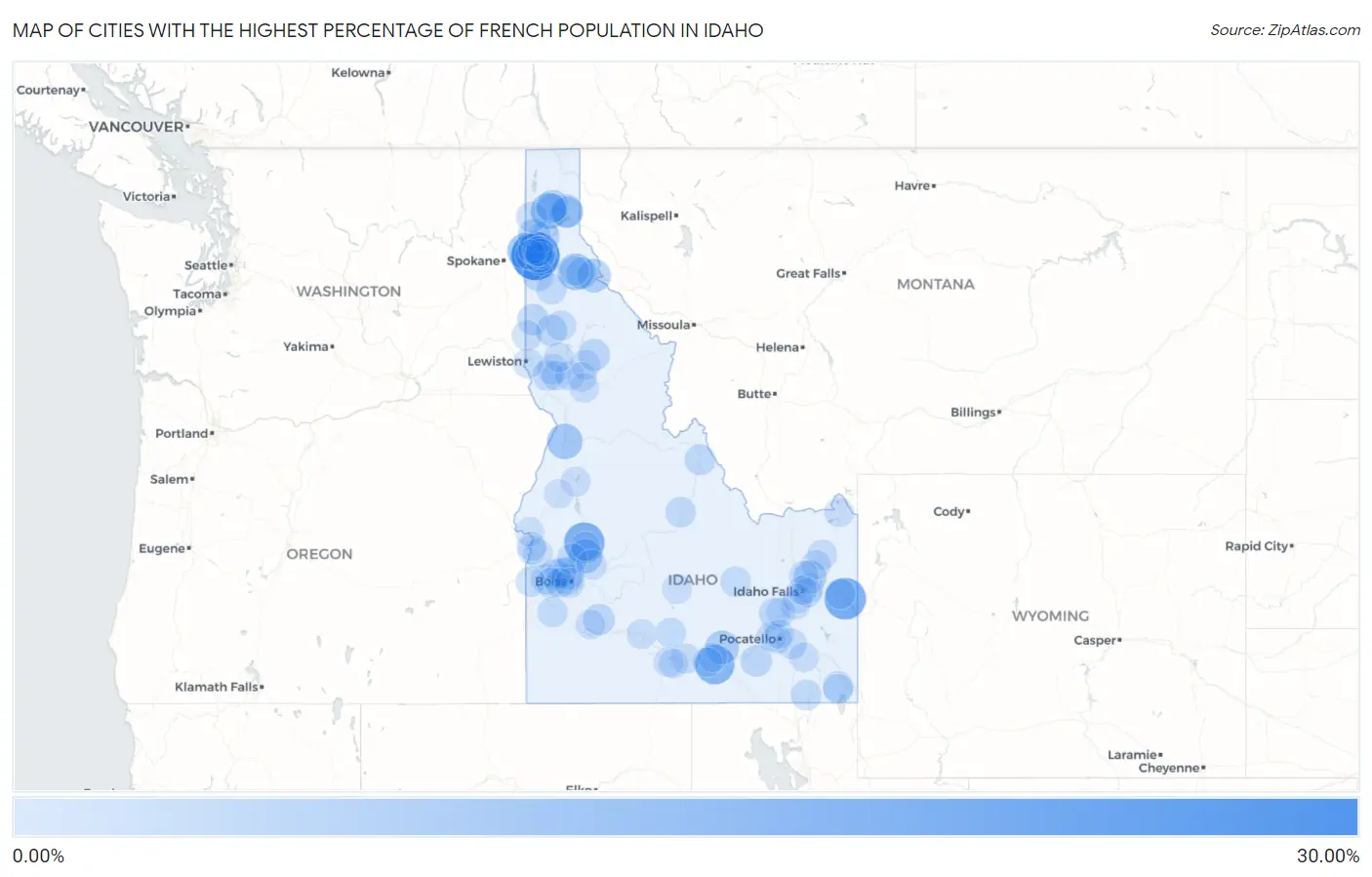 Cities with the Highest Percentage of French Population in Idaho Map