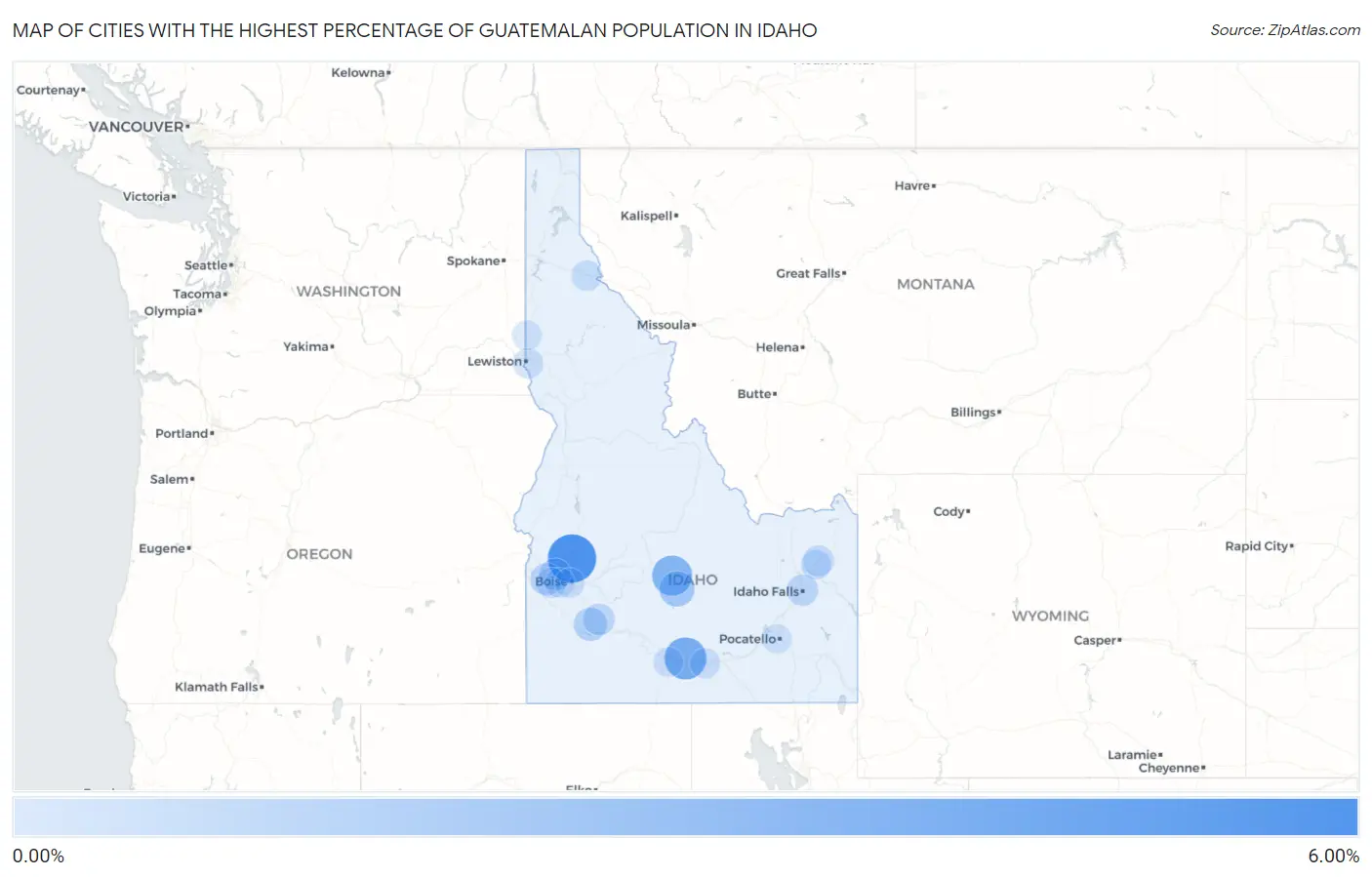 Cities with the Highest Percentage of Guatemalan Population in Idaho Map