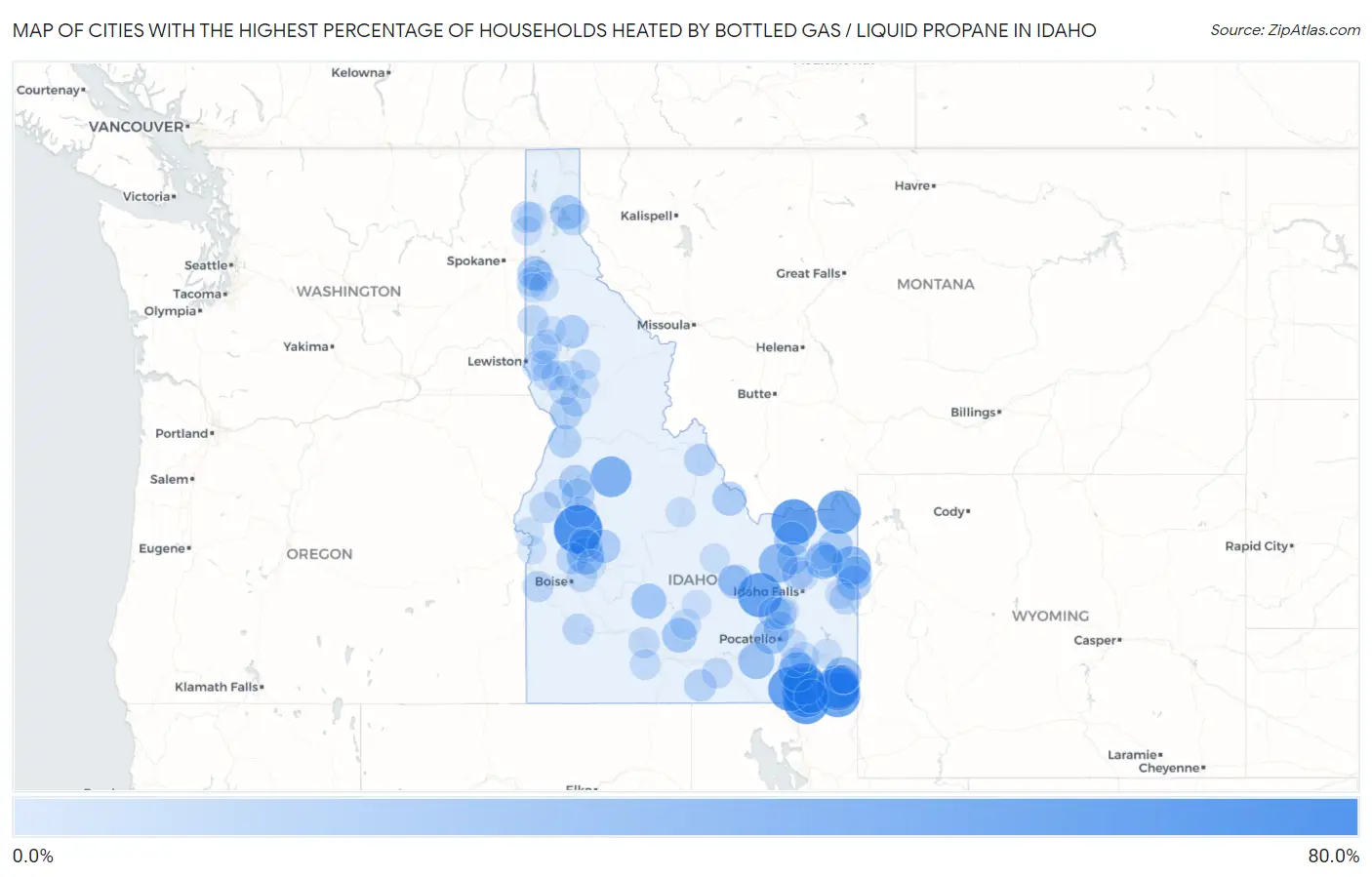 Cities with the Highest Percentage of Households Heated by Bottled Gas / Liquid Propane in Idaho Map