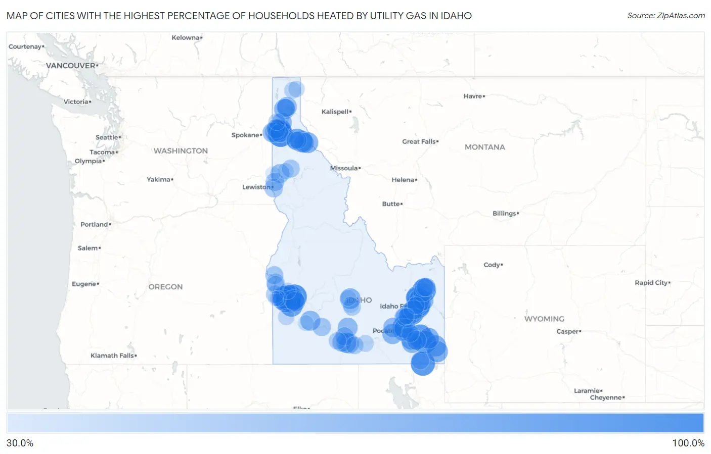 Cities with the Highest Percentage of Households Heated by Utility Gas in Idaho Map