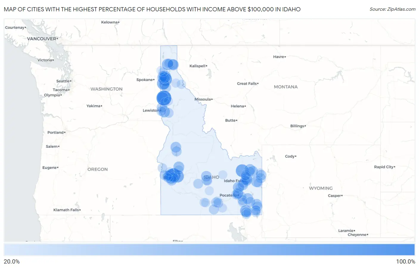 Cities with the Highest Percentage of Households with Income Above $100,000 in Idaho Map