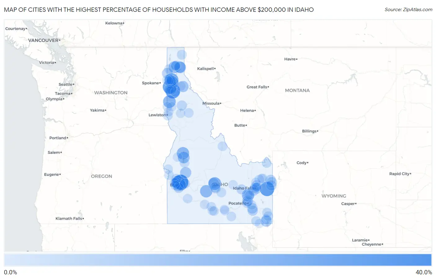 Cities with the Highest Percentage of Households with Income Above $200,000 in Idaho Map