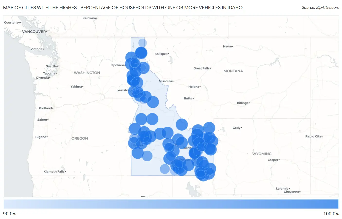 Cities with the Highest Percentage of Households With One or more Vehicles in Idaho Map