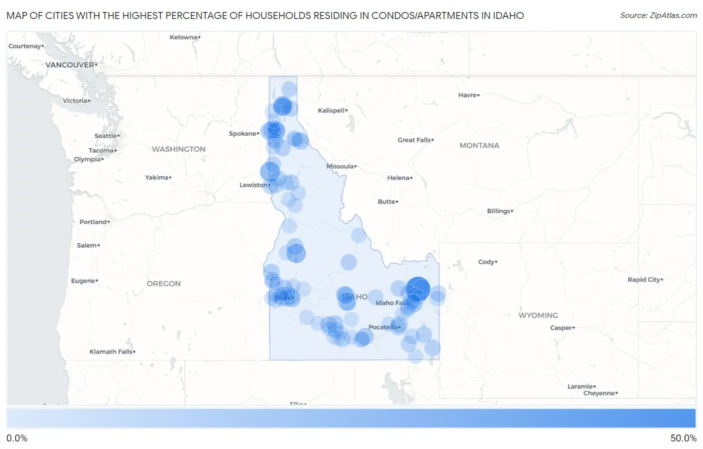 Cities with the Highest Percentage of Households Residing in Condos/Apartments in Idaho Map