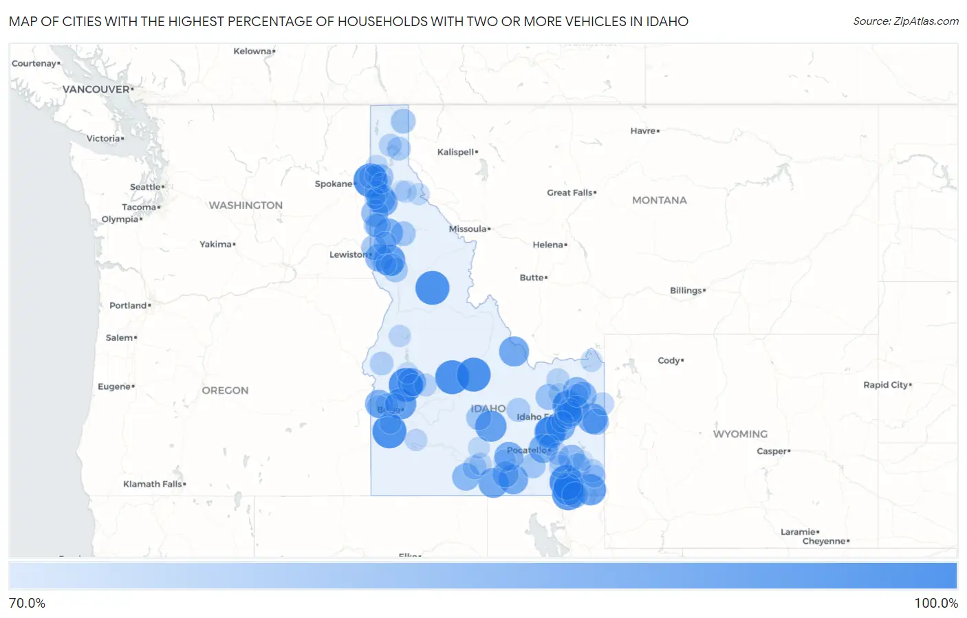 Cities with the Highest Percentage of Households With Two or more Vehicles in Idaho Map