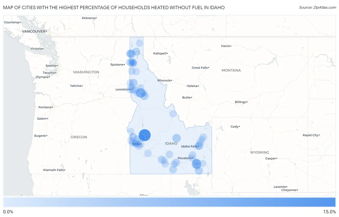 Cities with the Highest Percentage of Households Heated without Fuel in Idaho Map