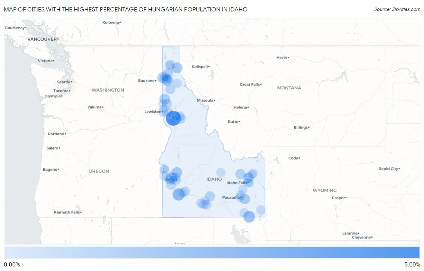 Cities with the Highest Percentage of Hungarian Population in Idaho Map