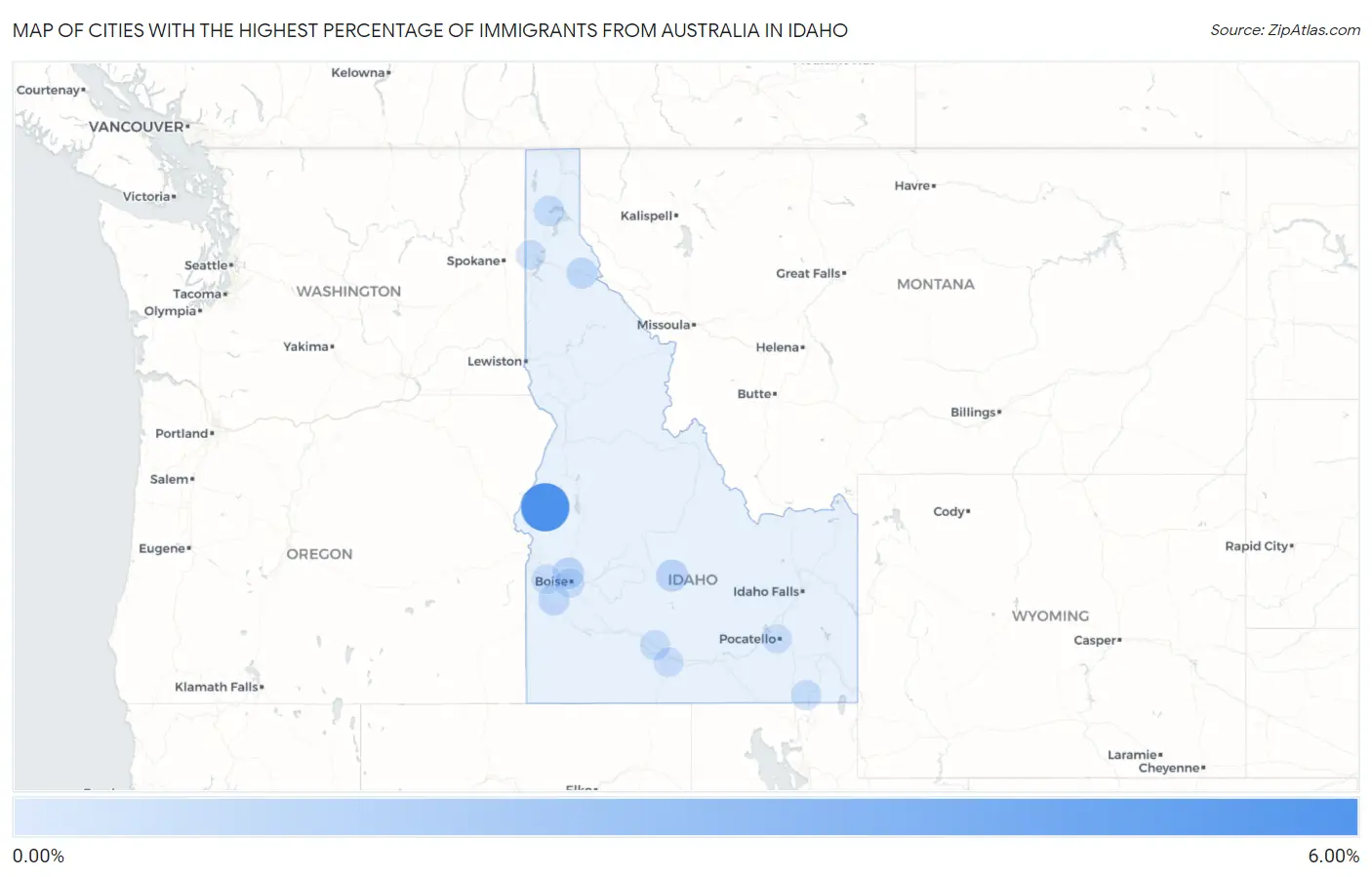 Cities with the Highest Percentage of Immigrants from Australia in Idaho Map