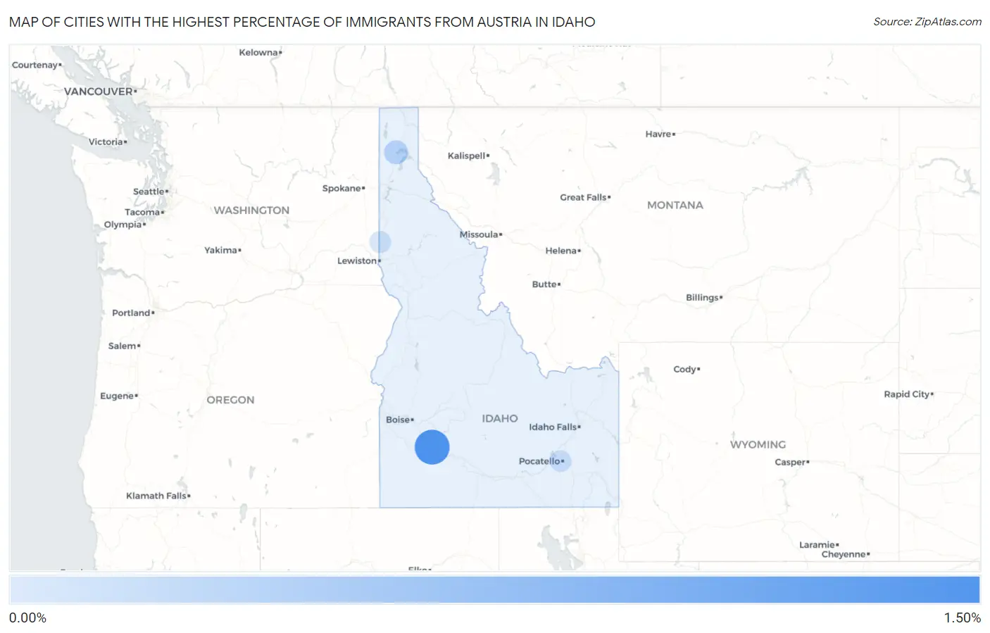 Cities with the Highest Percentage of Immigrants from Austria in Idaho Map