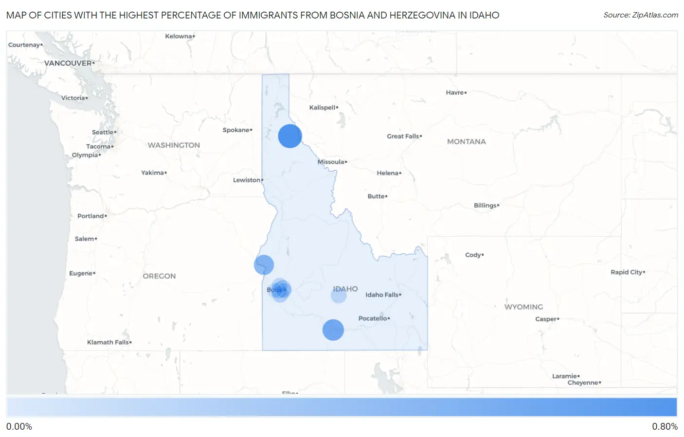 Cities with the Highest Percentage of Immigrants from Bosnia and Herzegovina in Idaho Map