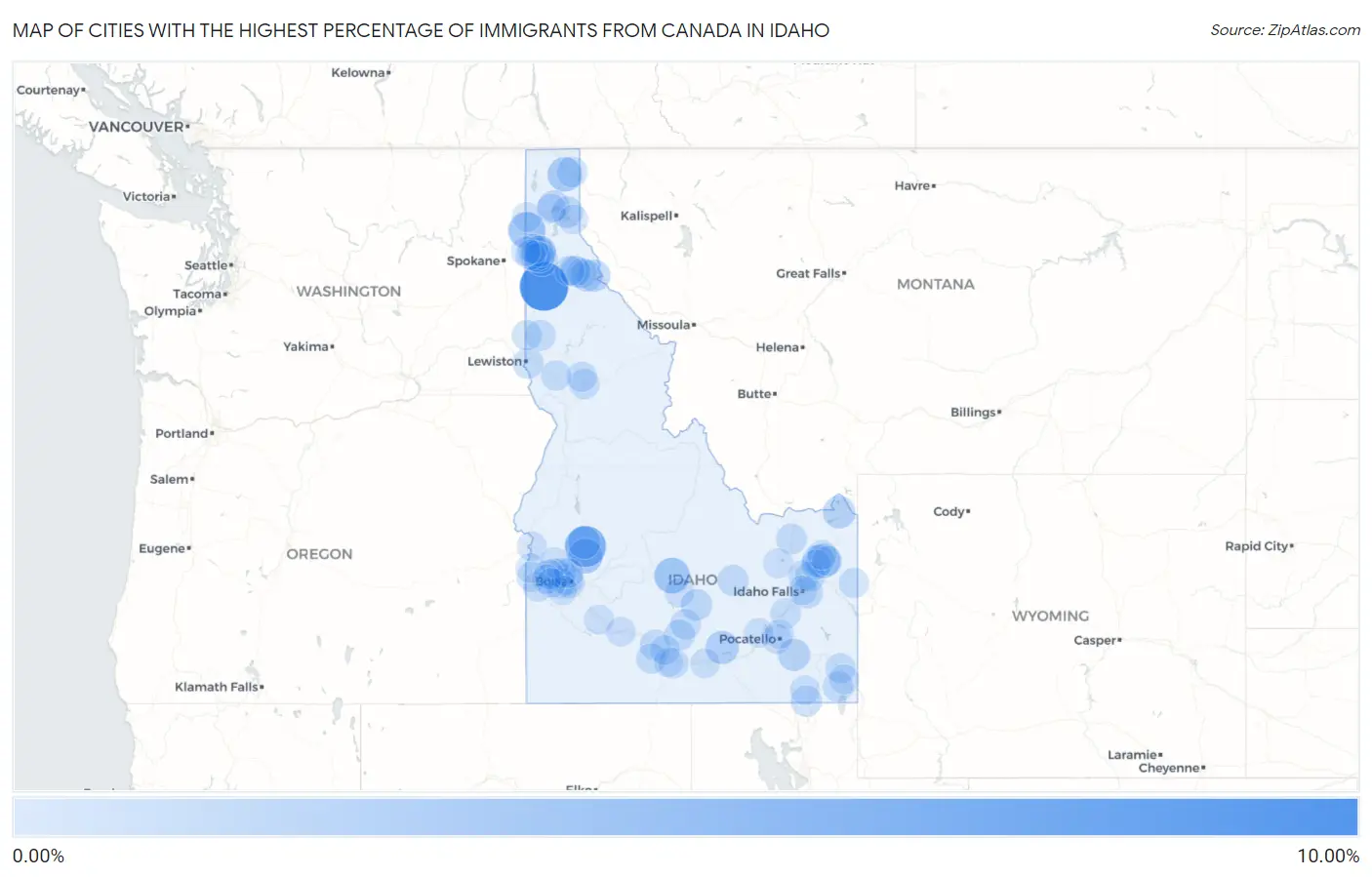 Cities with the Highest Percentage of Immigrants from Canada in Idaho Map