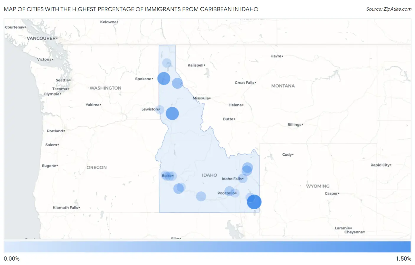 Cities with the Highest Percentage of Immigrants from Caribbean in Idaho Map