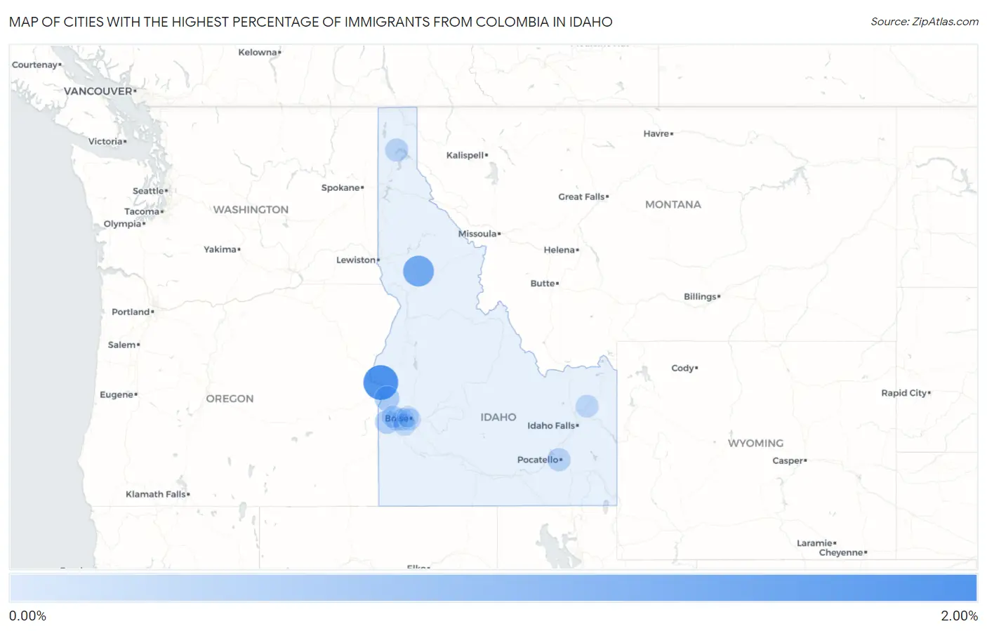 Cities with the Highest Percentage of Immigrants from Colombia in Idaho Map