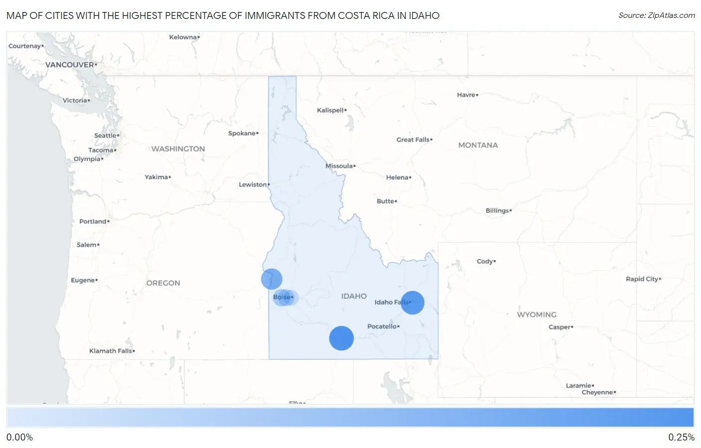 Cities with the Highest Percentage of Immigrants from Costa Rica in Idaho Map