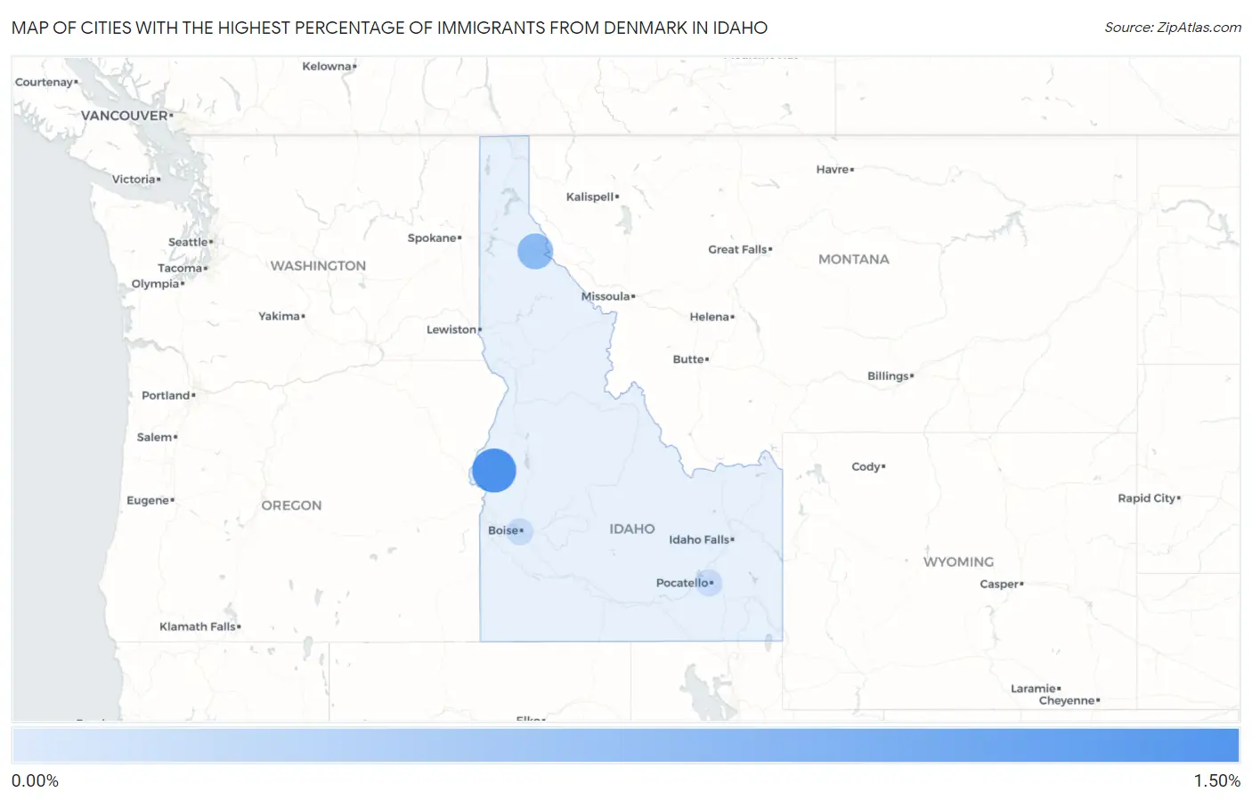 Cities with the Highest Percentage of Immigrants from Denmark in Idaho Map