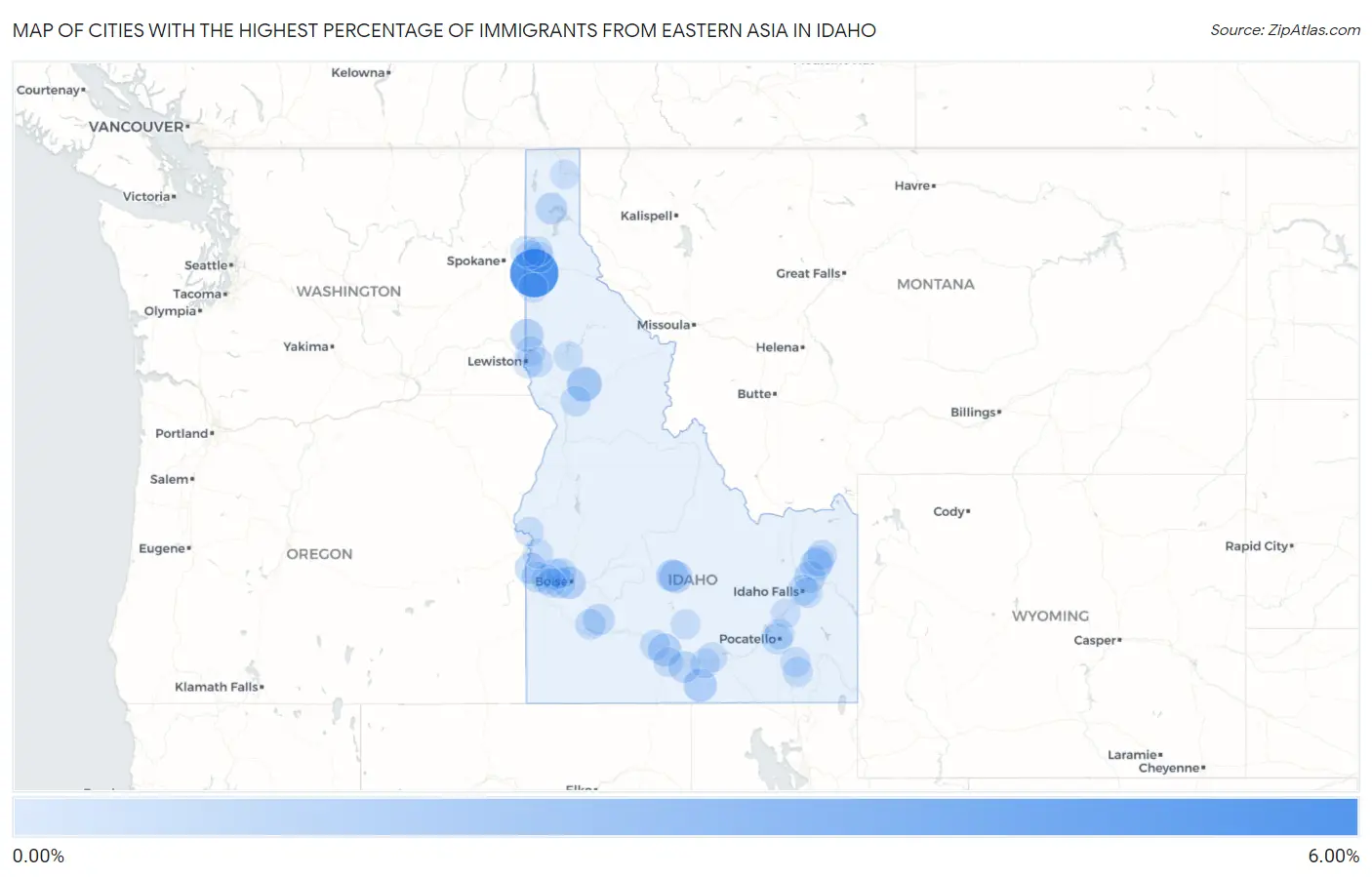 Cities with the Highest Percentage of Immigrants from Eastern Asia in Idaho Map